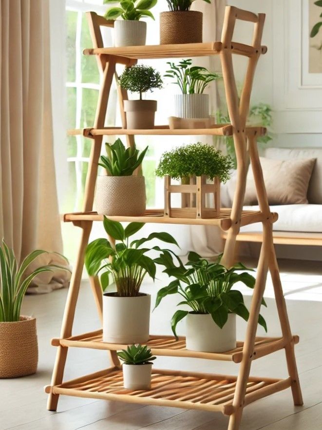 A foldable bamboo plant stand