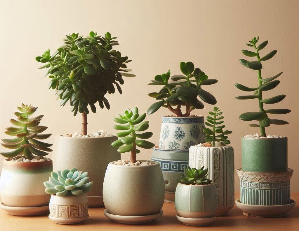 Different types of Jade plants together growing on a table