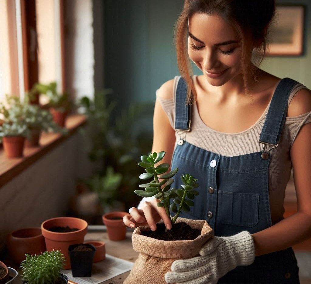 A women planting a jade plant