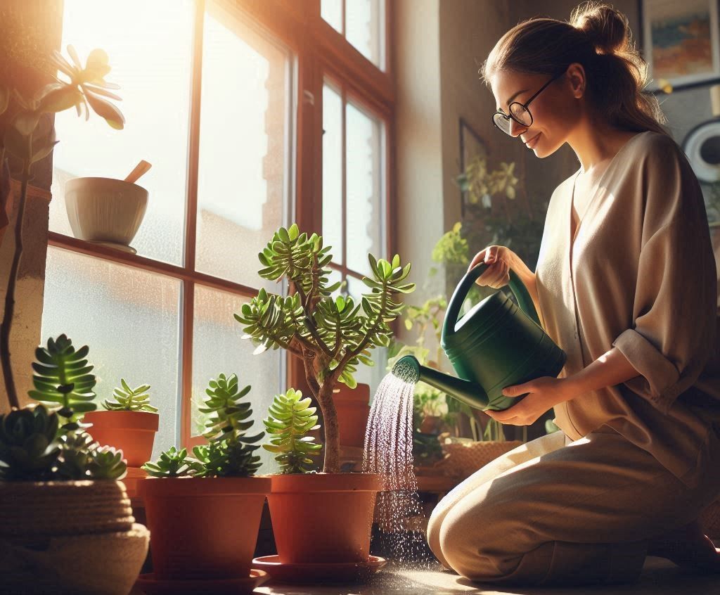 An women watering a Jade Plant 